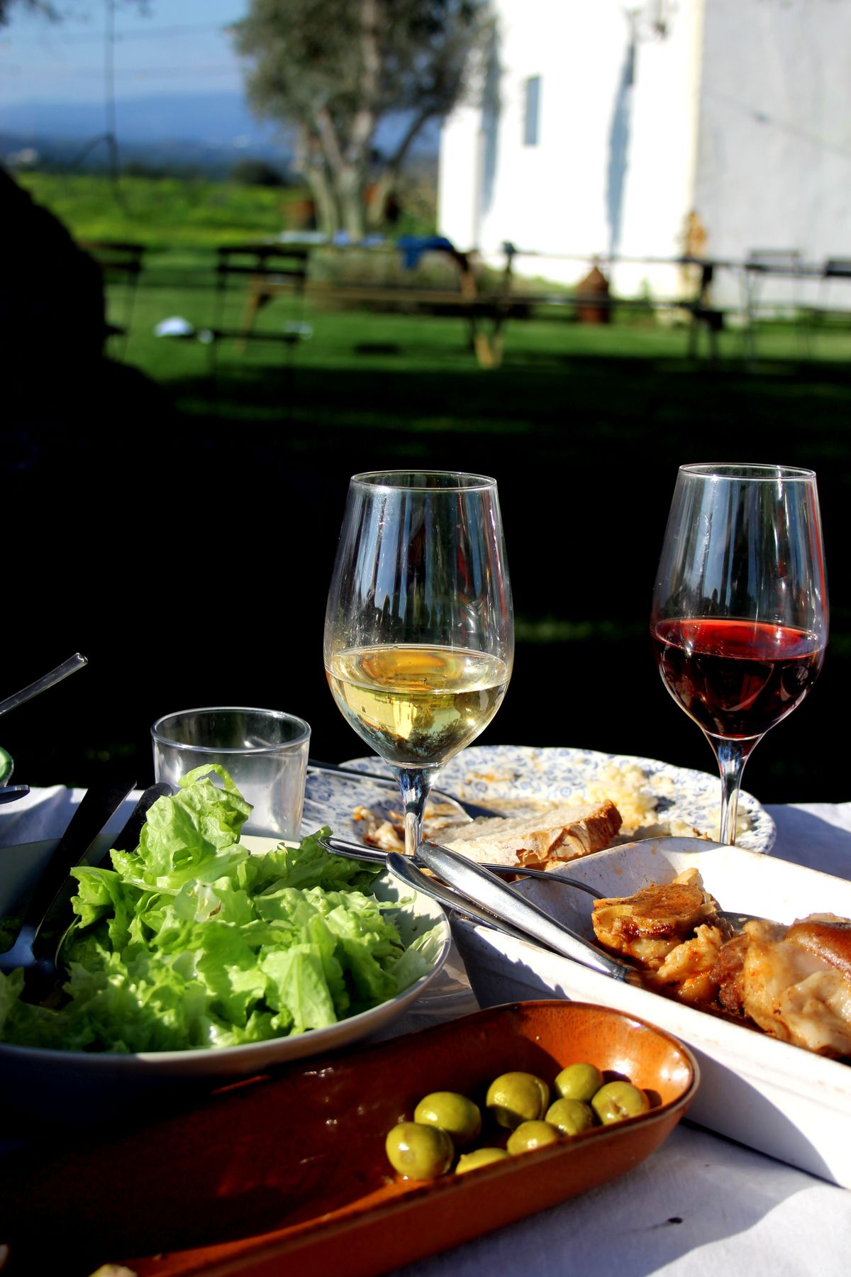 Wijn en salade op het terras